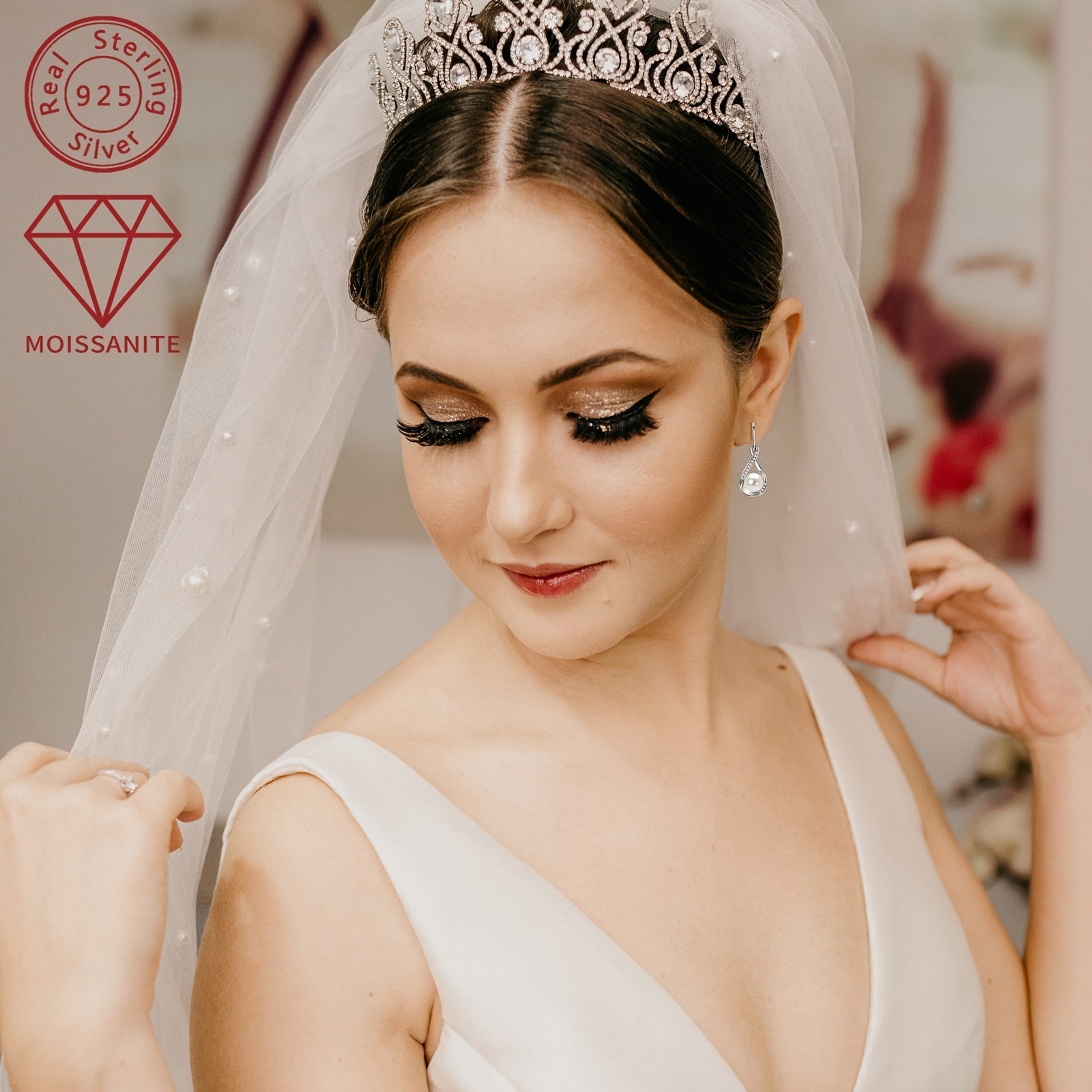 Pearl Earrings with Moissanite Stones 8mm Freshwater Beads in Silver