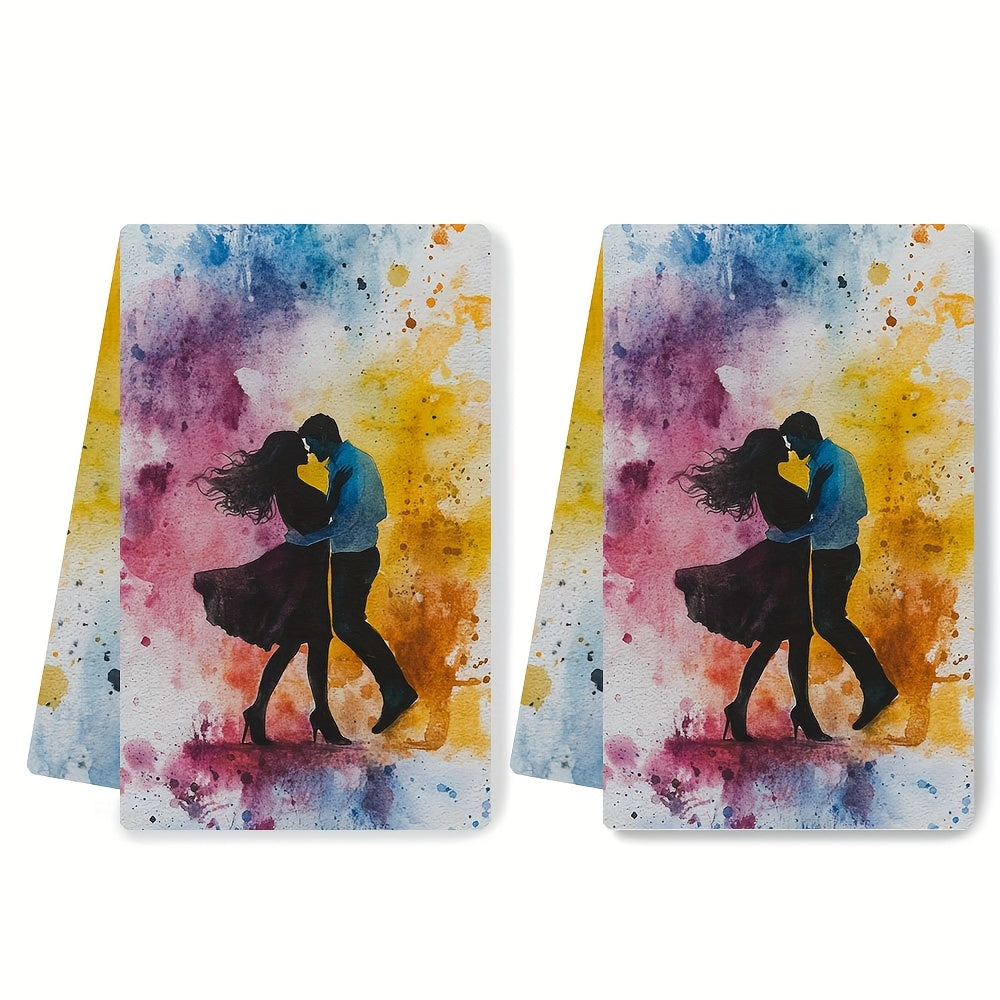 Luxury Ultra Soft Kitchen Towels 2 Pack Dancing Couple Design Watercolor Splash