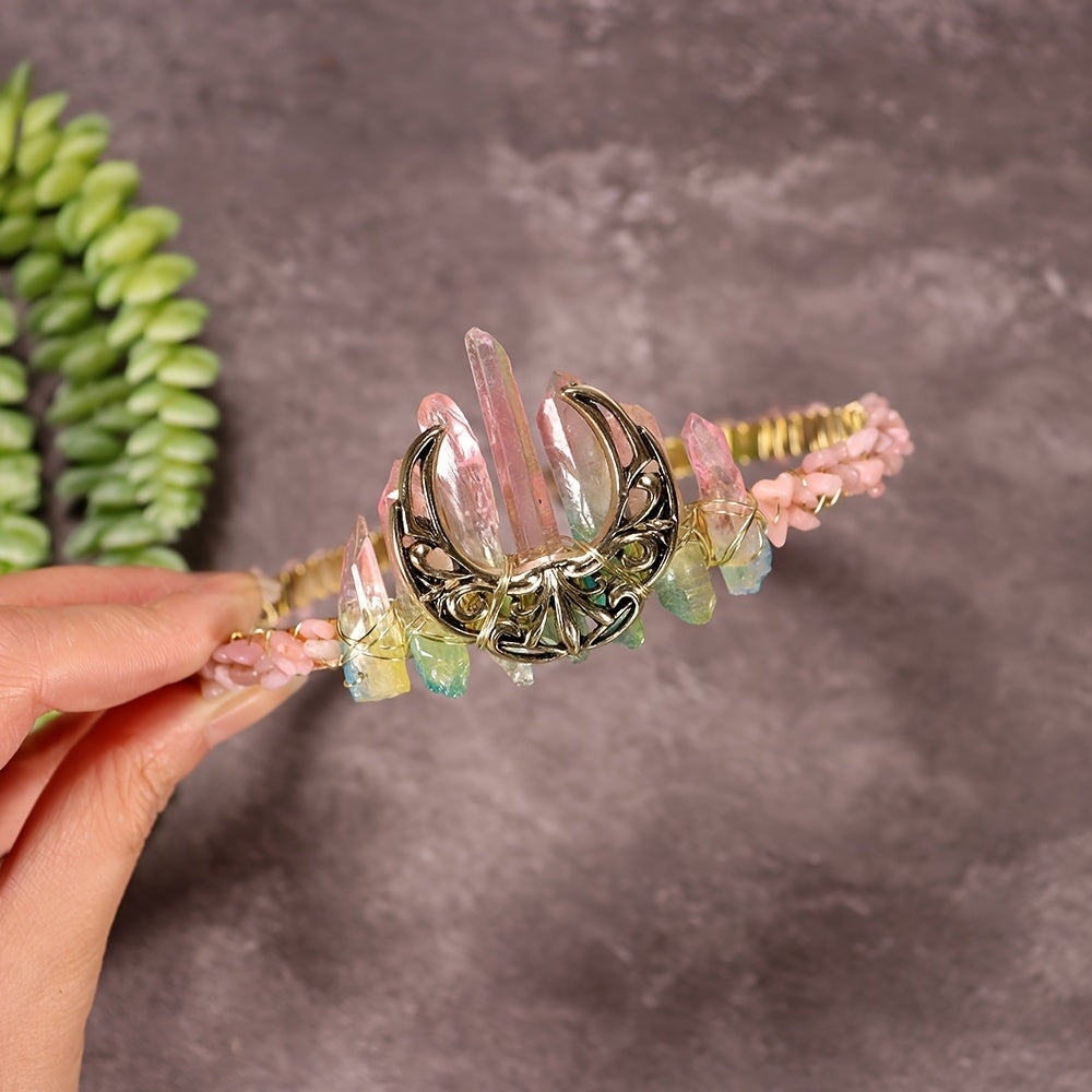 Women's Hair Accessory Headband with Natural Crystal and Moon Tiara Design