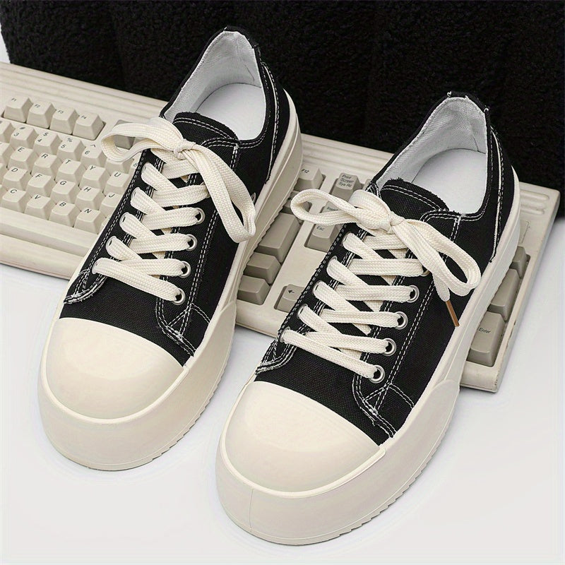 Men Women Canvas Chunky Platform Derby Shoes Black White Rubber Sole