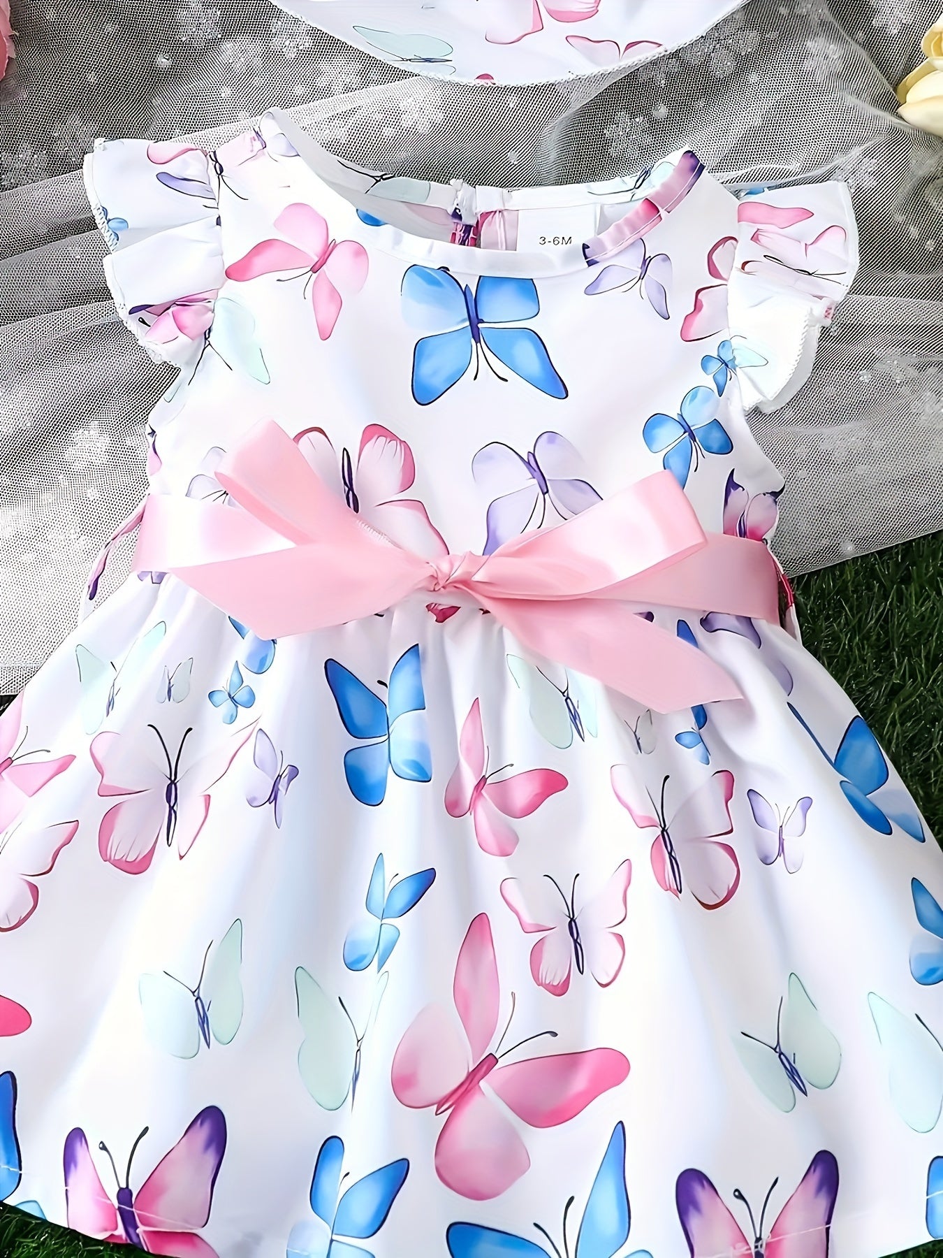 Toddler Girls Butterfly Print Summer Dress with Flutter Sleeves and Matching Hat