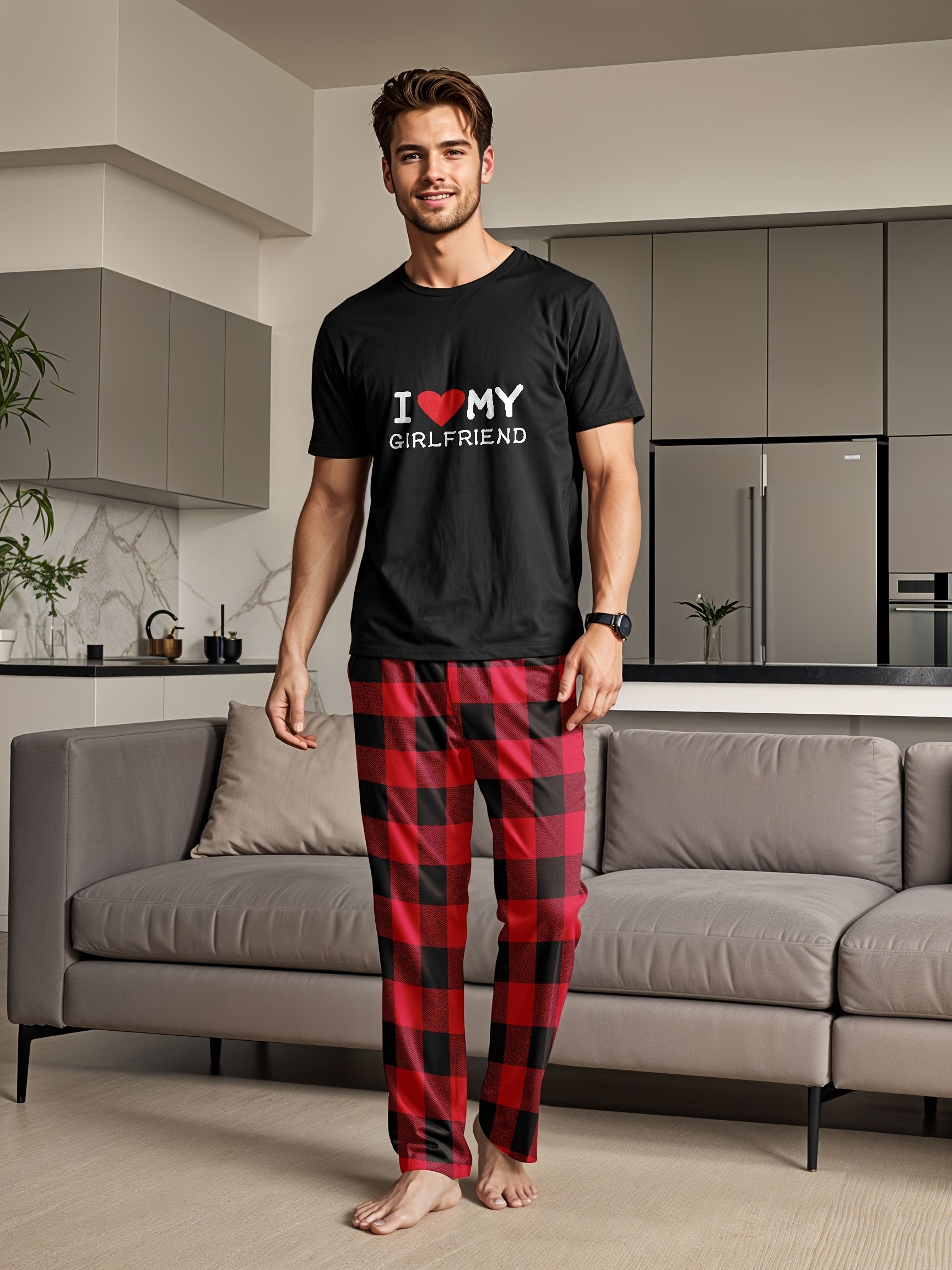 Men's and Women's Couple Pajama Set with "I Love My Girlfriend" T-Shirt and Red Checkered Pants