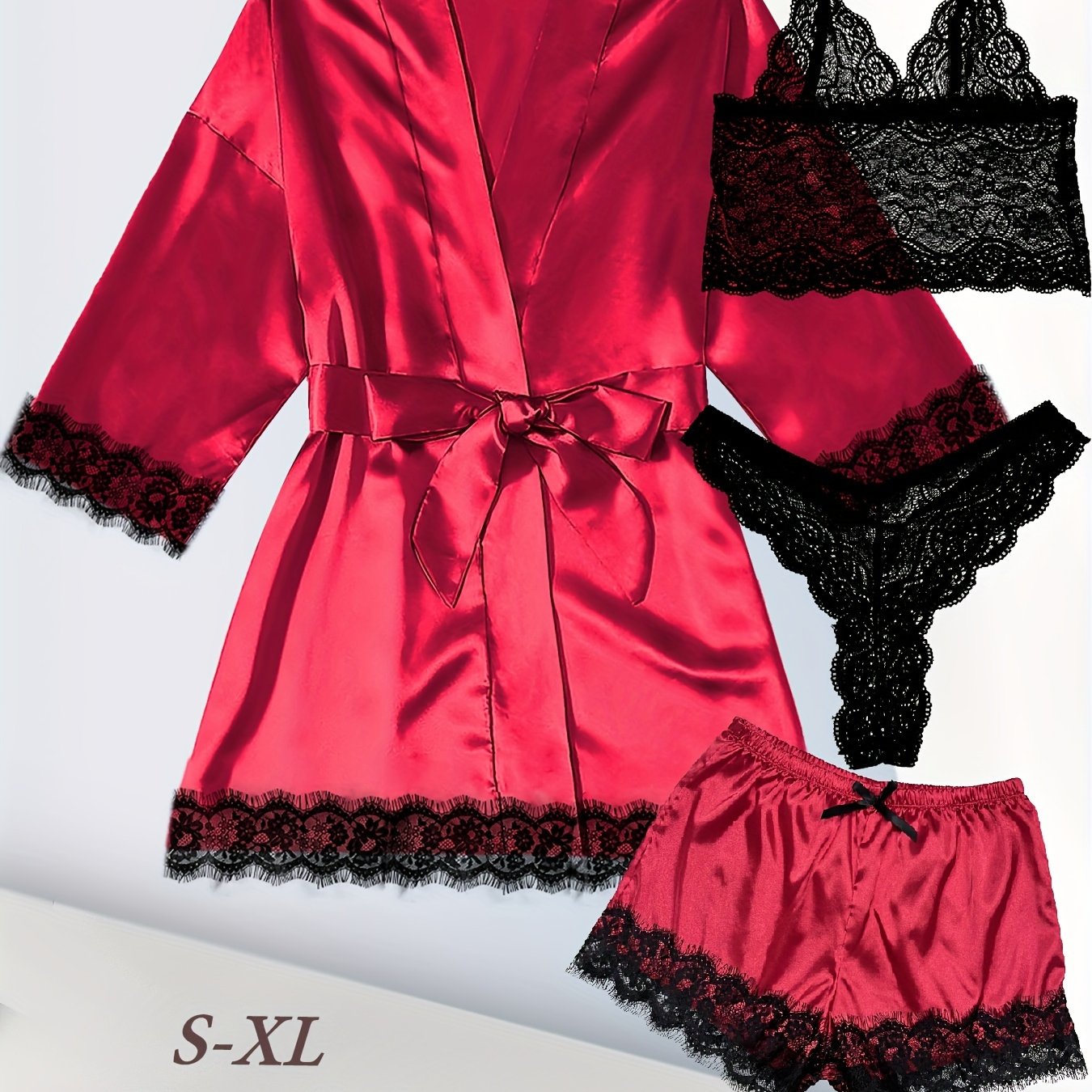 Women's Plus Size Satin Lace Nightgown Set With Camisole Shorts And Eye Mask
