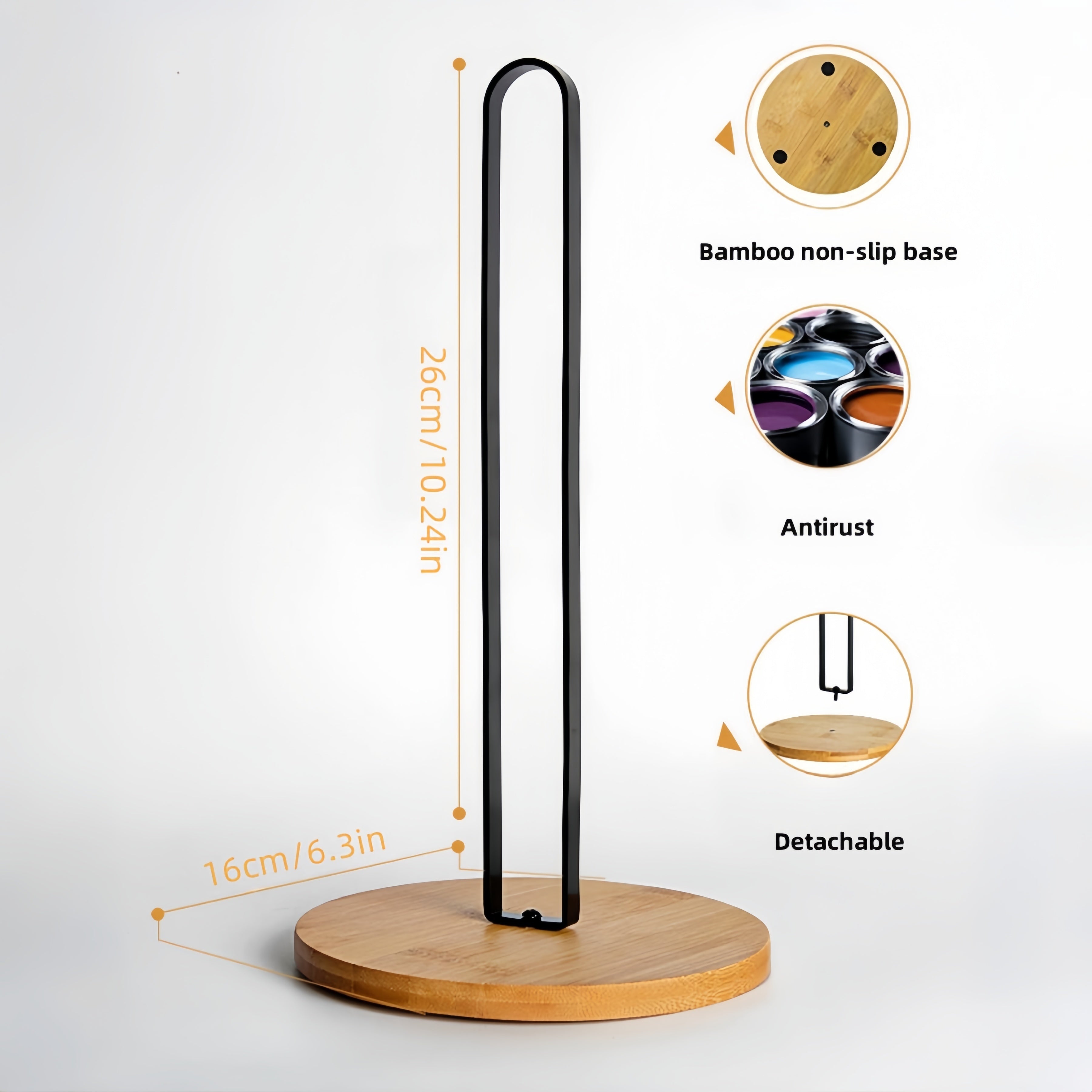 Black Bamboo and Metal Kitchen Paper Towel Holder Vertical Countertop Storage Rack