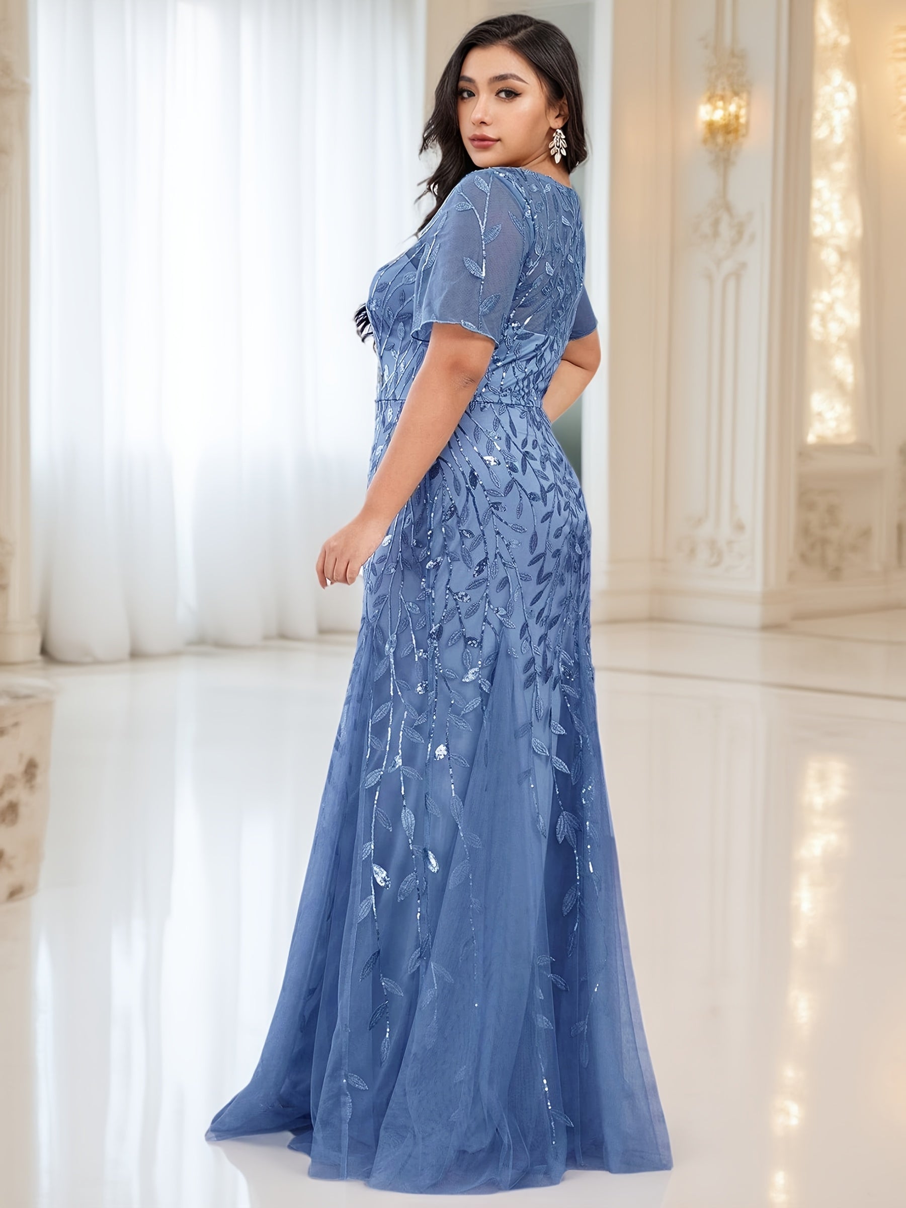 Plus Size Women’s Mermaid Evening Gown Sparkling Sequin Short Sleeves