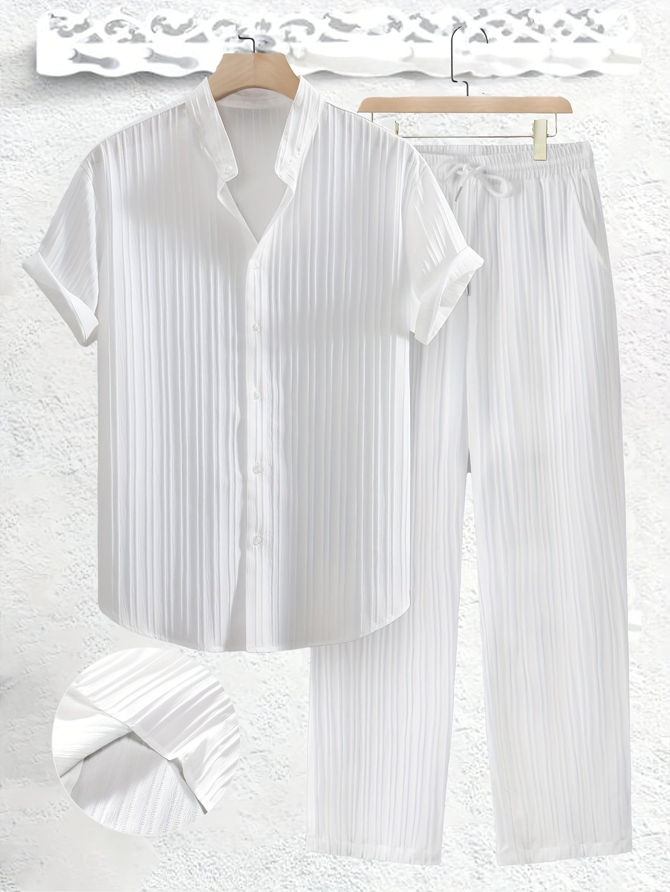 Men's Summer Solid Color Textured Shirt and Pants Set Polyester Casual