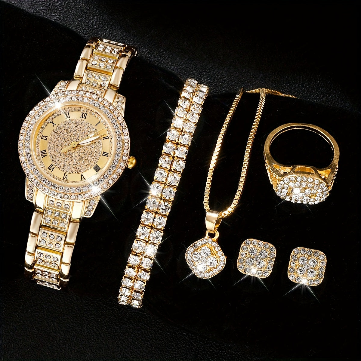 Women's Quartz Watch and Jewelry Set with Rhinestones Square Design for Special Occasions