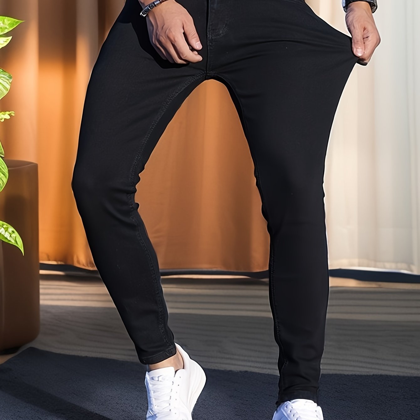 Мужские узкие джинсы с умеренным растяжением из однотонного денима в стиле casual street