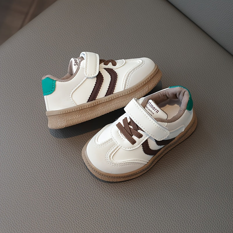 Kids Breathable Sneakers with Hook-and-Loop Closure, Soft Beige and White Soles for Casual Outdoor Wear