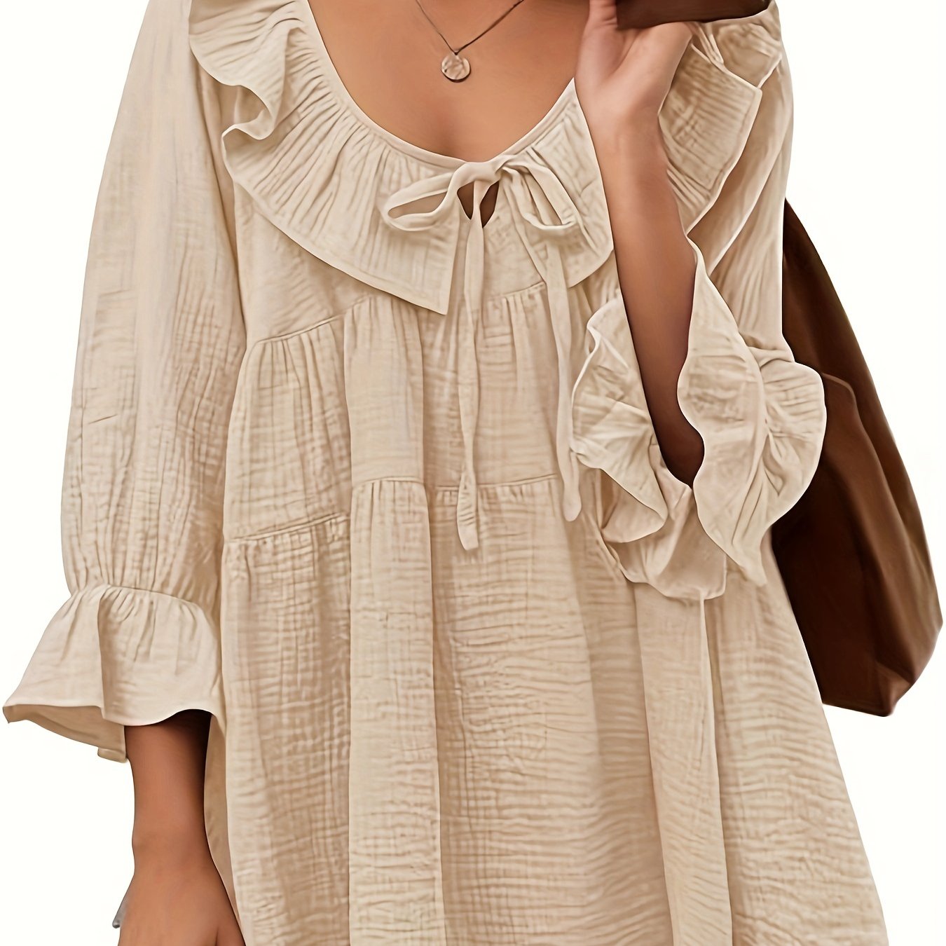 Plus Size Women's Ruffled Viscose Blouse with Ruffled Neck and Drawstring Waist