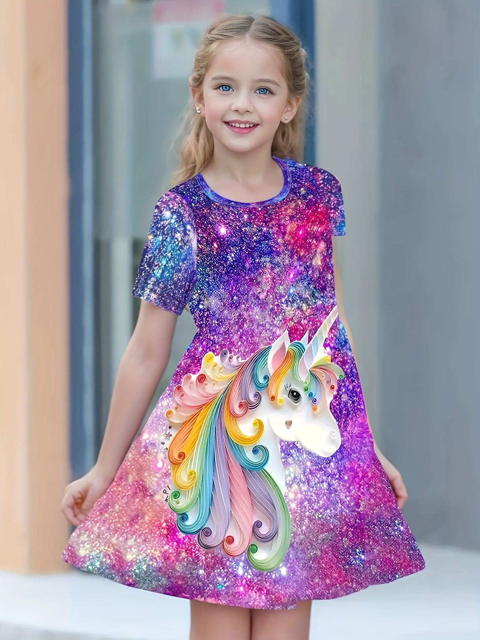 Girls' Unicorn Dress with Digital Print, Short Sleeves, Midi Length