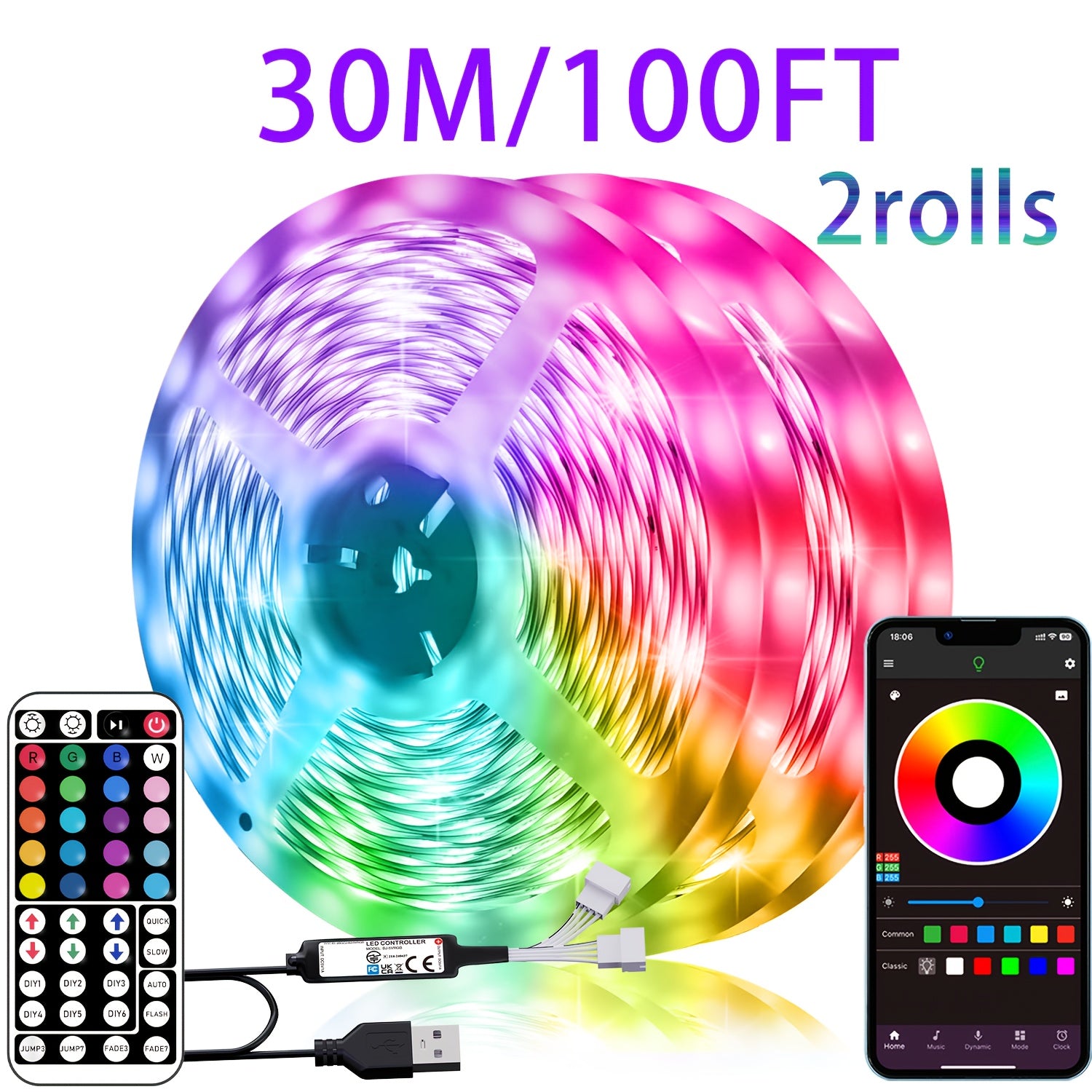 Tira de luces LED RGB de 5V alimentada por USB de 91,44cm a 30,48m con control remoto, aplicación, regulable, cambio de color para dormitorio, sala de estar, fiesta