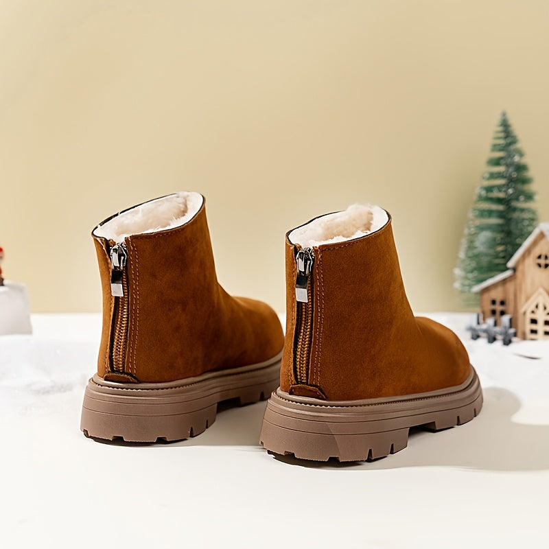 Kids Winter Ankle Boots with Plush Lining, Brown Fabric, Side Zipper, Casual Snow Booties
