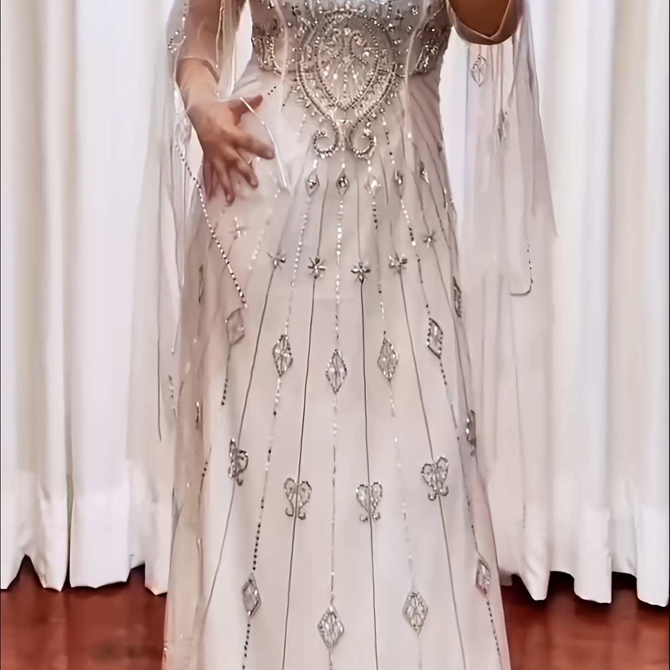 Women Beaded A-Line Evening Gown with Sequin Detailing Long Sleeve Red