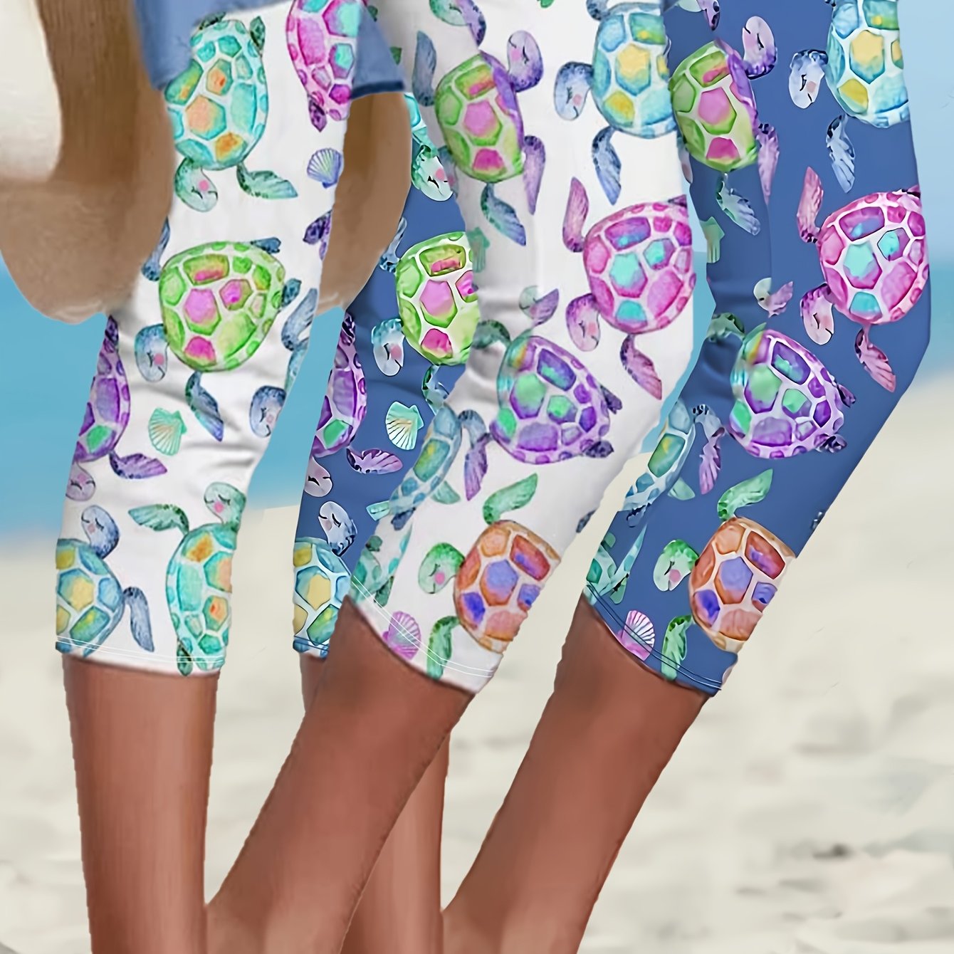 Women's Plus Size Turtle Print Fitted Capri Pants Set of 2