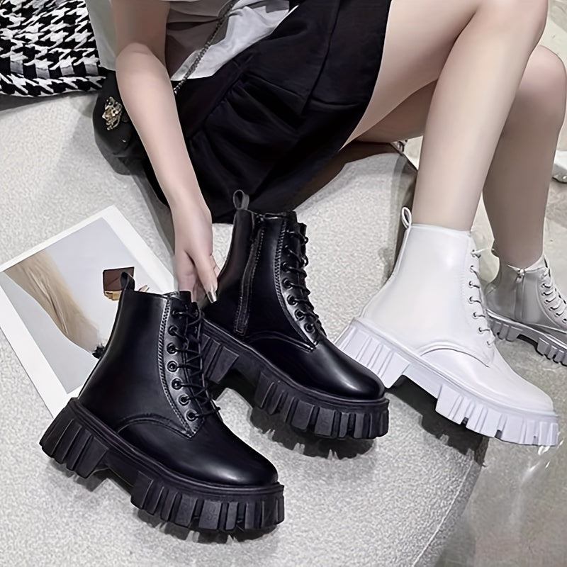 Women's Mid-Calf Combat Boots Lace-Up Platform Sole Black White