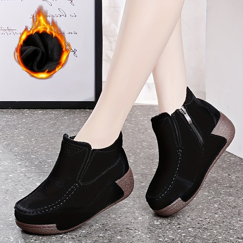 Women's Fleece-Lined Faux Leather Ankle Boots Brown Platform Winter