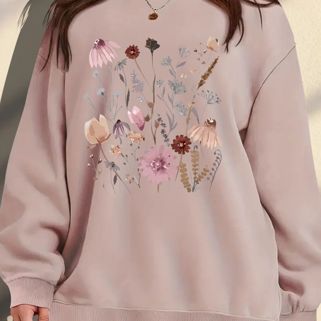 Women's Plus Size Floral Print Sweatshirt Cozy Maroon Pullover Autumn Wear