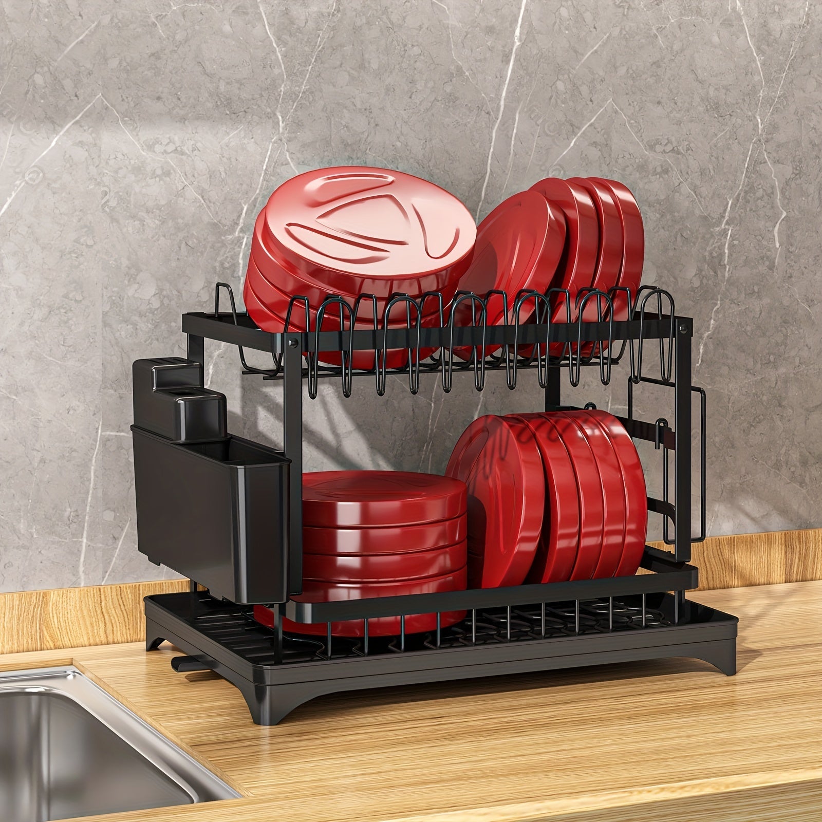 Estante para secar platos de acero inoxidable de 2 niveles con bandeja de drenaje y soporte para utensilios