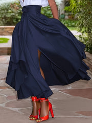 Plus Size Navy Blue Maxi Skirt with Asymmetrical Hem Pockets Belt Non-Stretch Polyester