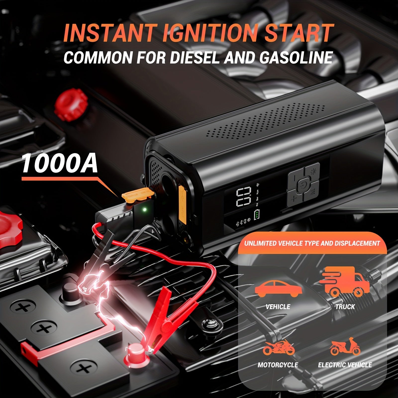 Portable 12V Air Compressor and Jump Starter with 10000mAh Power Bank
