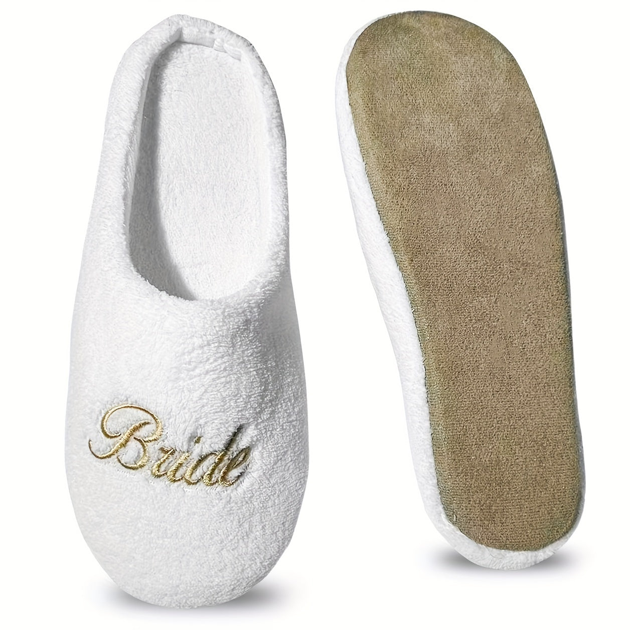 Ayollar uchun oq mo'rt va shilimshiqlik bilan bezatilgan to'yli va oltin harflar bilan yozilgan uy poyabzali