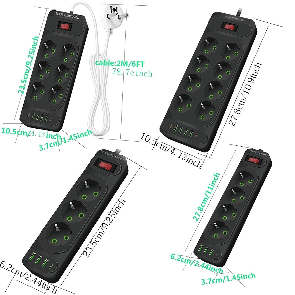 Премиальный защитный удлинитель с 8 розетками для переменного тока, 4 USB-портами, 2 Type-C, удлинитель на 2500 Вт