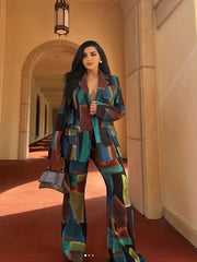 Plus Size Women's Color Block Suit Set Polyester Blazer Trousers Casual All Seasons