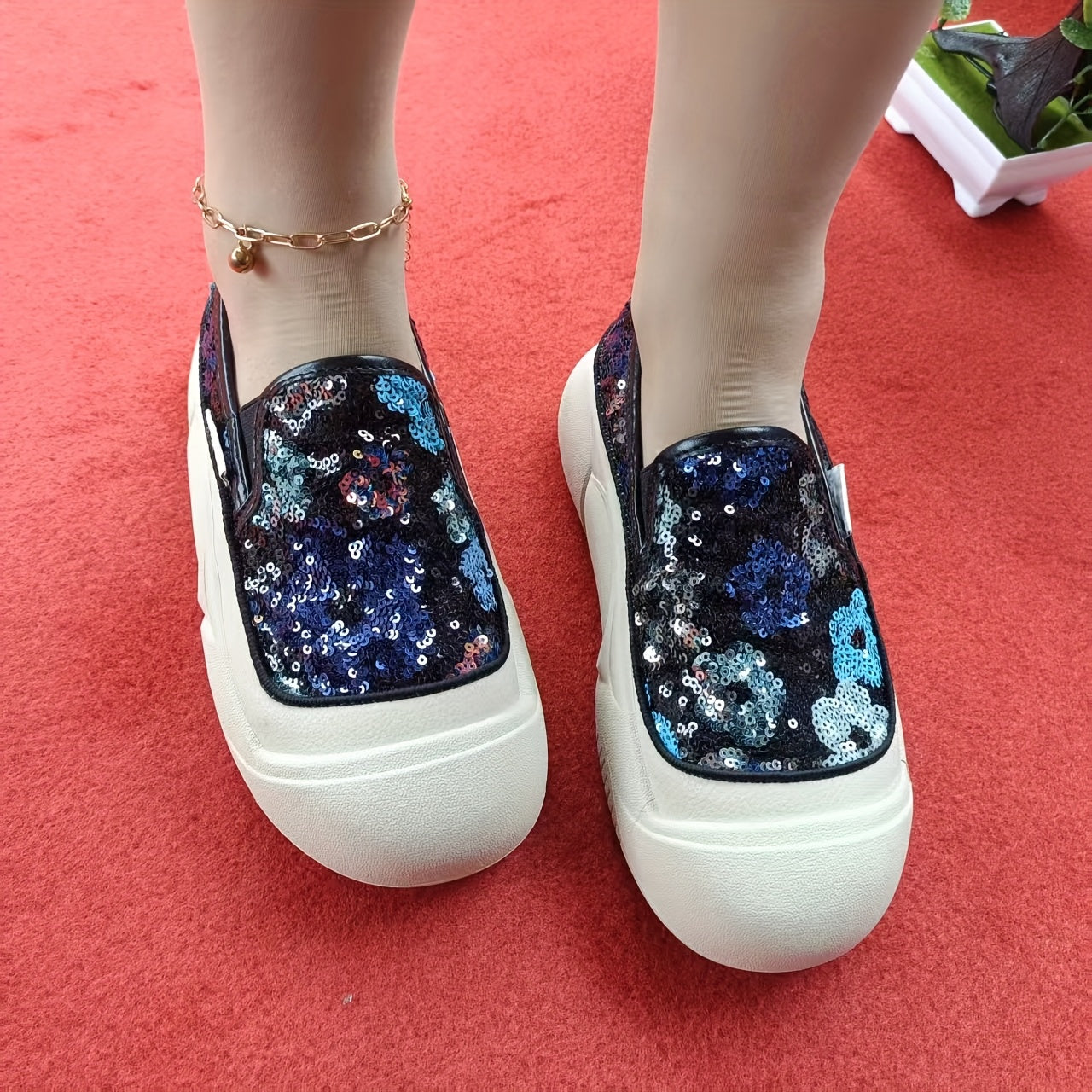 Women's Floral Glitter Casual Sneakers with Cushioned Insole and Rubber Sole