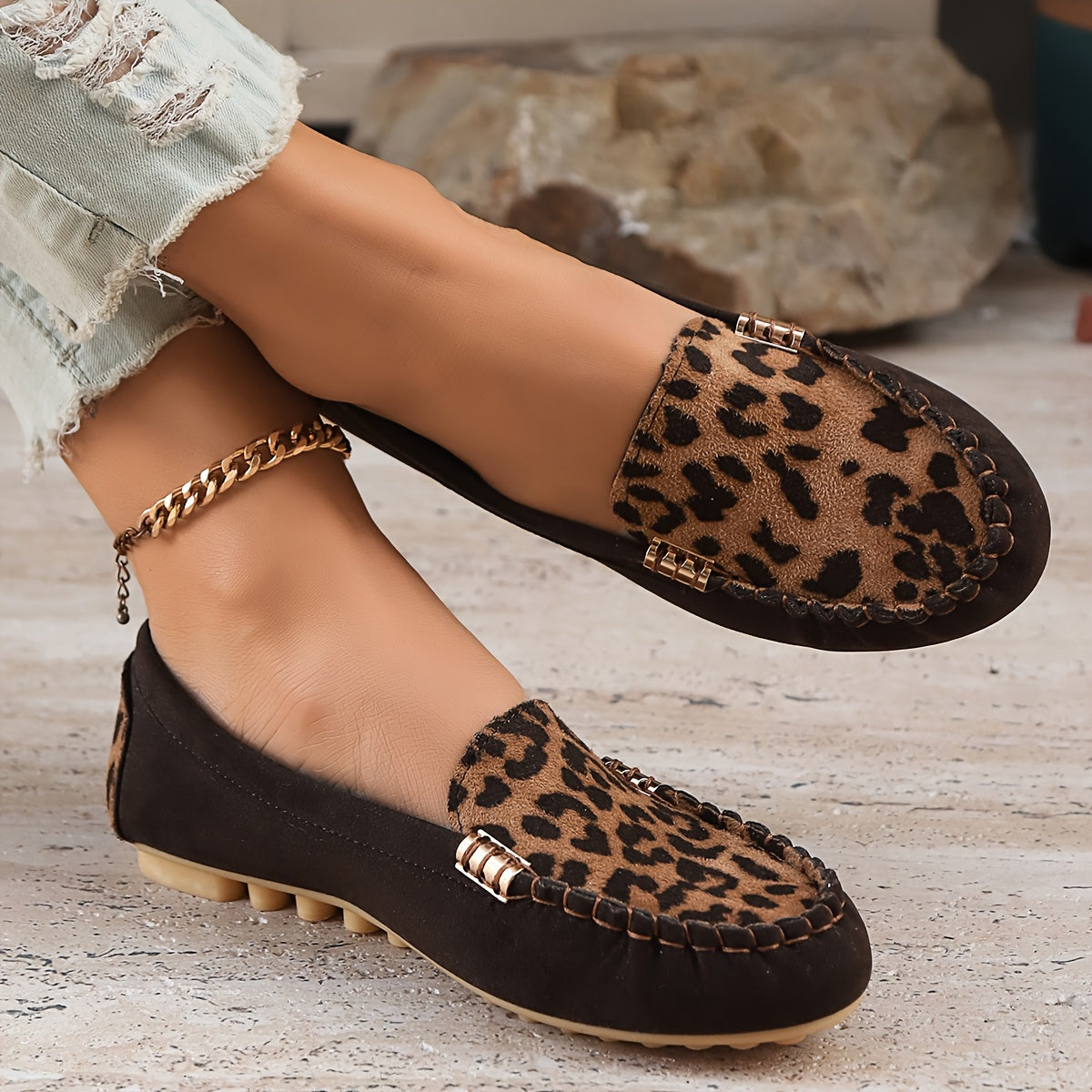 Women's Leopard Print Patchwork Loafers Slip-On Comfort All-Season Shoes