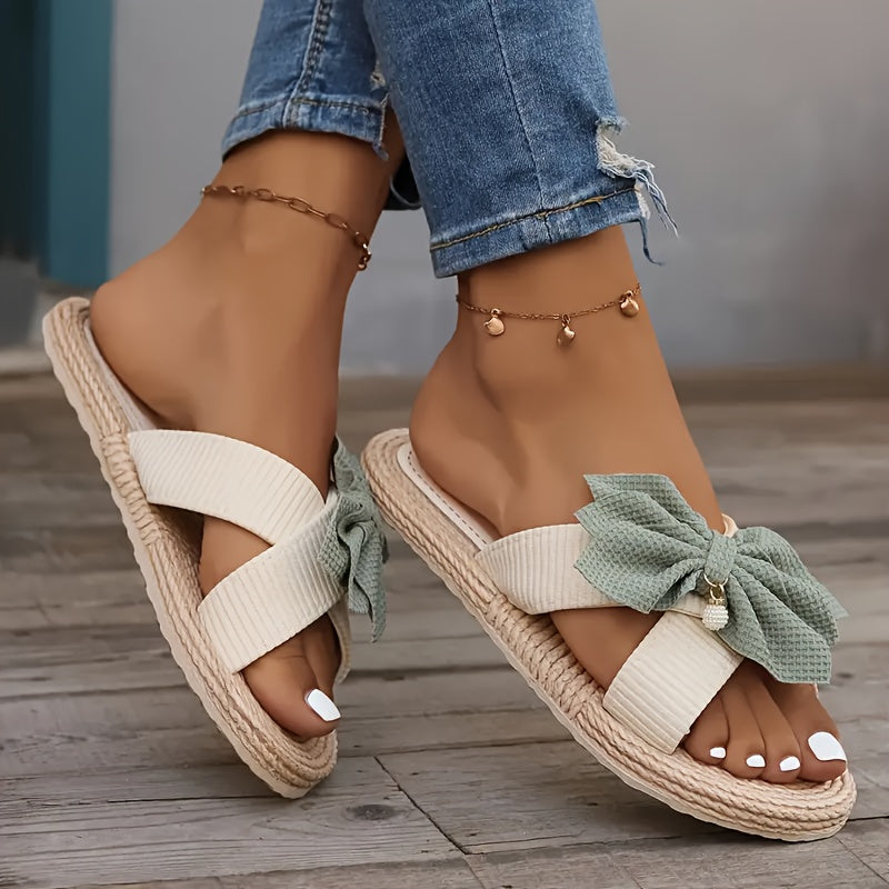 Women's Slide Sandals Breathable Linen Flats Green Bow Summer Casual