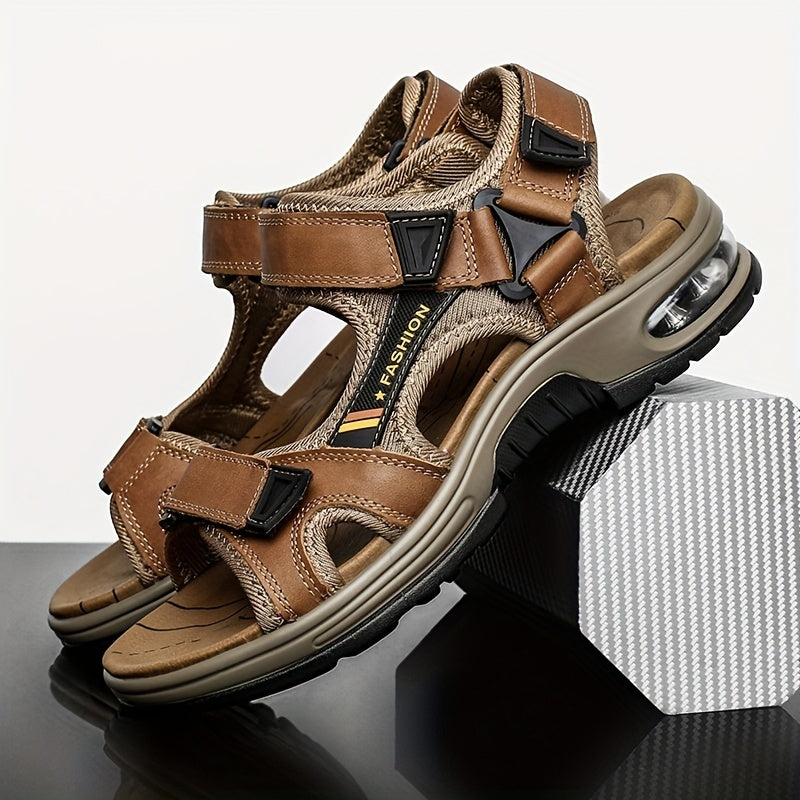 Men's Leather Open-Toe Beach Sandals with Thick Sport Sole Adjustable Straps