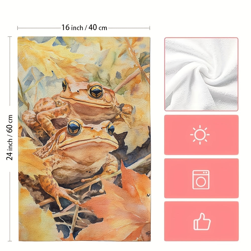Set of 2 Ultra Soft Kitchen Towels Autumn Leaves and Garden Toad Design 16x24 Inches