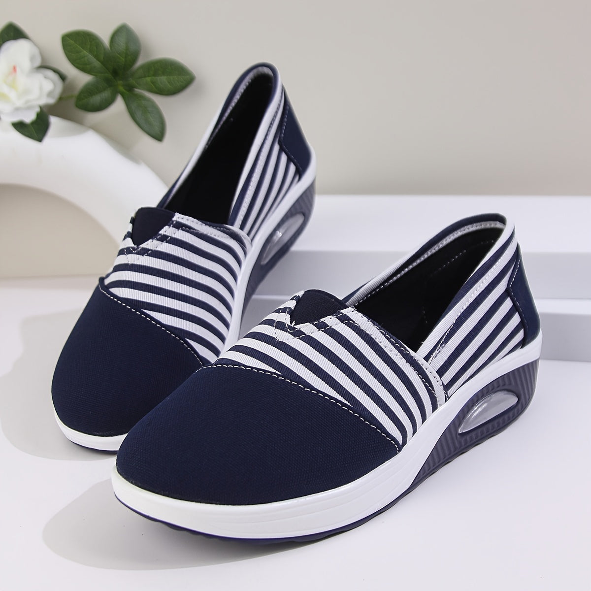 Women's Striped Slip-On Sneakers Low Top All-Season Comfort Shoes