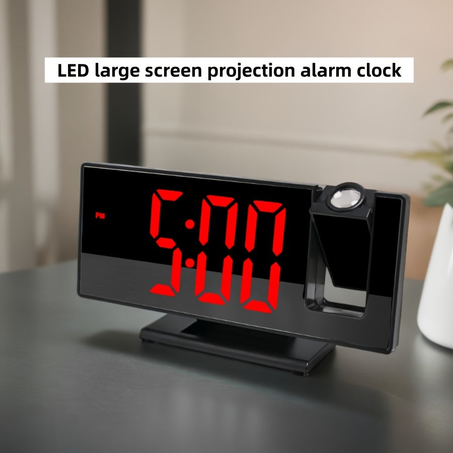 Digital LED Projection Alarm Clock with 180° Flat Display and Temperature Display Black Square Design