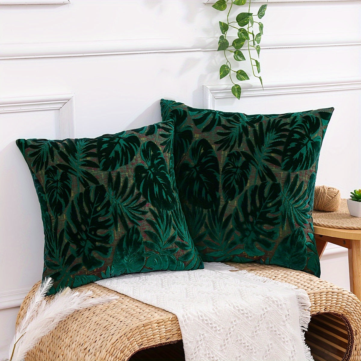 Set of Two Tropical Plant Polyester Chenille Jacquard Throw Pillow Covers for Living Room Decor