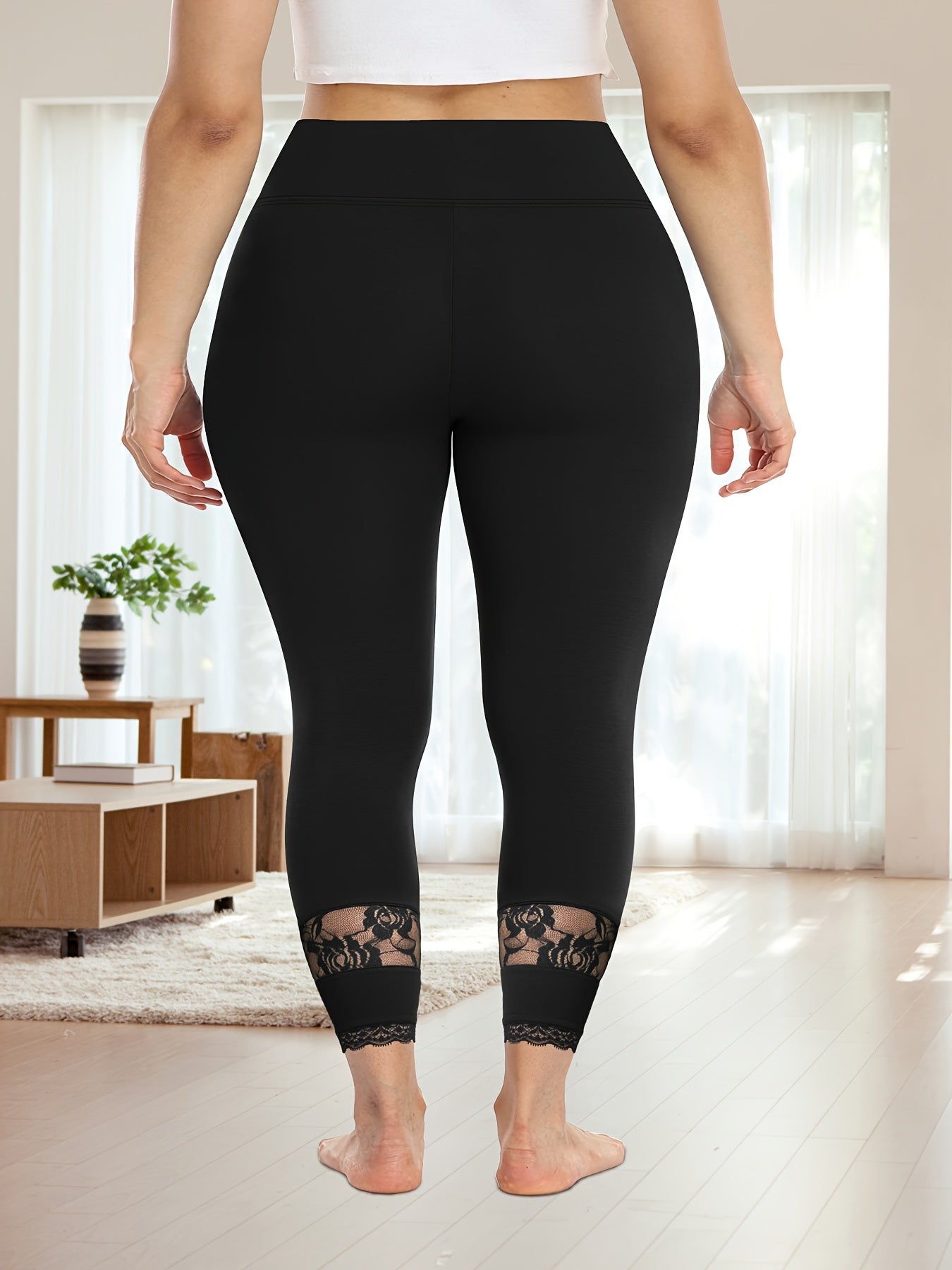 Women's High-Waisted Non-See-Through Workout Leggings with Lace Trim