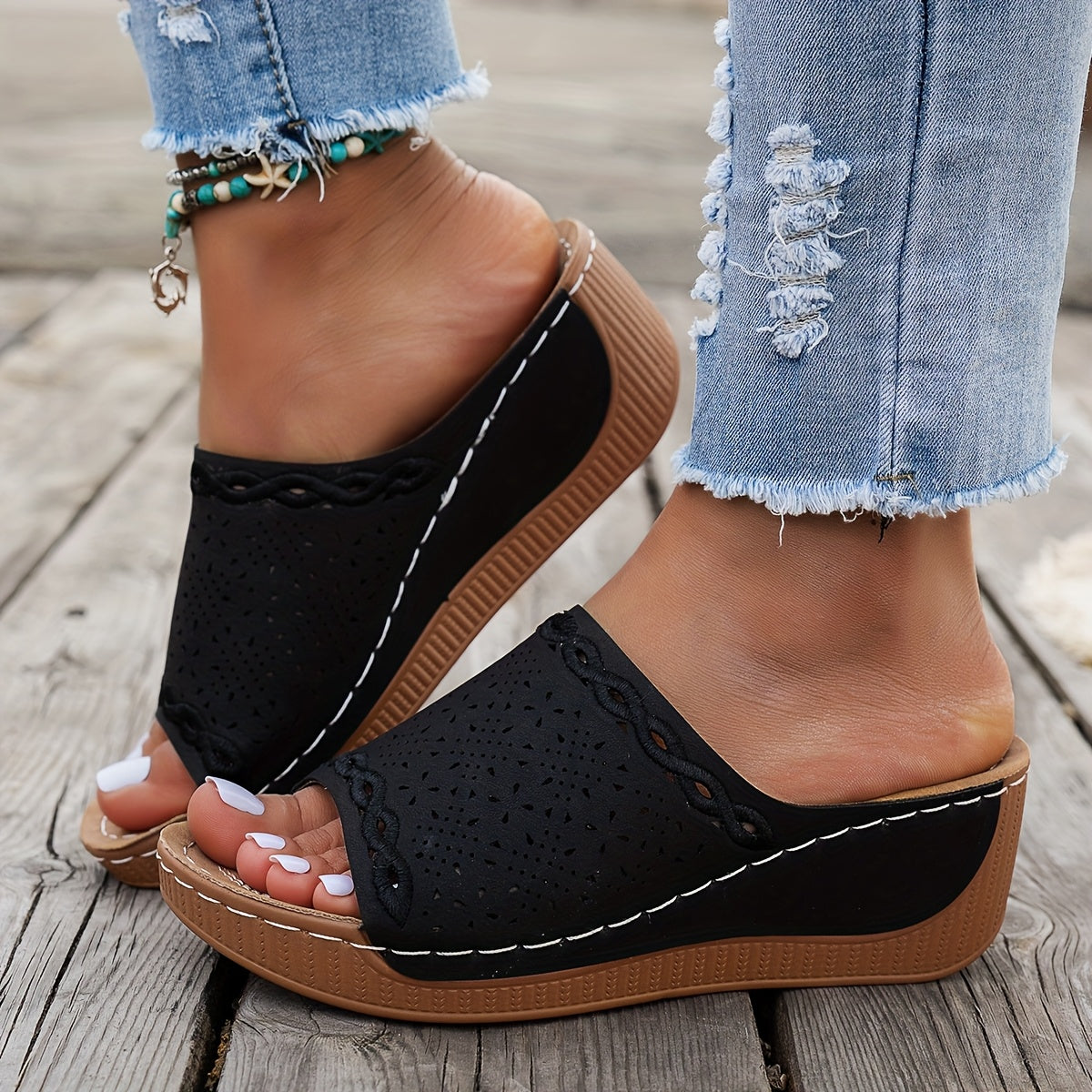 Women's Solid Color Platform Sandals Open Toe Slip-On Summer Lightweight