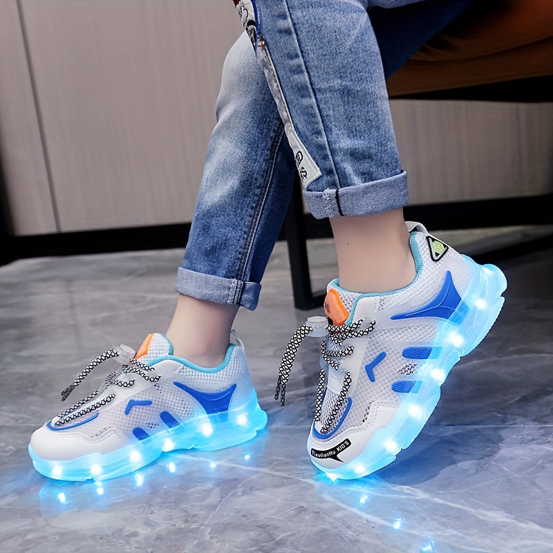 Kids LED Light-Up Sneakers Breathable Mesh Non-Slip Soft Sole for Boys Girls Toddler Children in White Blue Orange