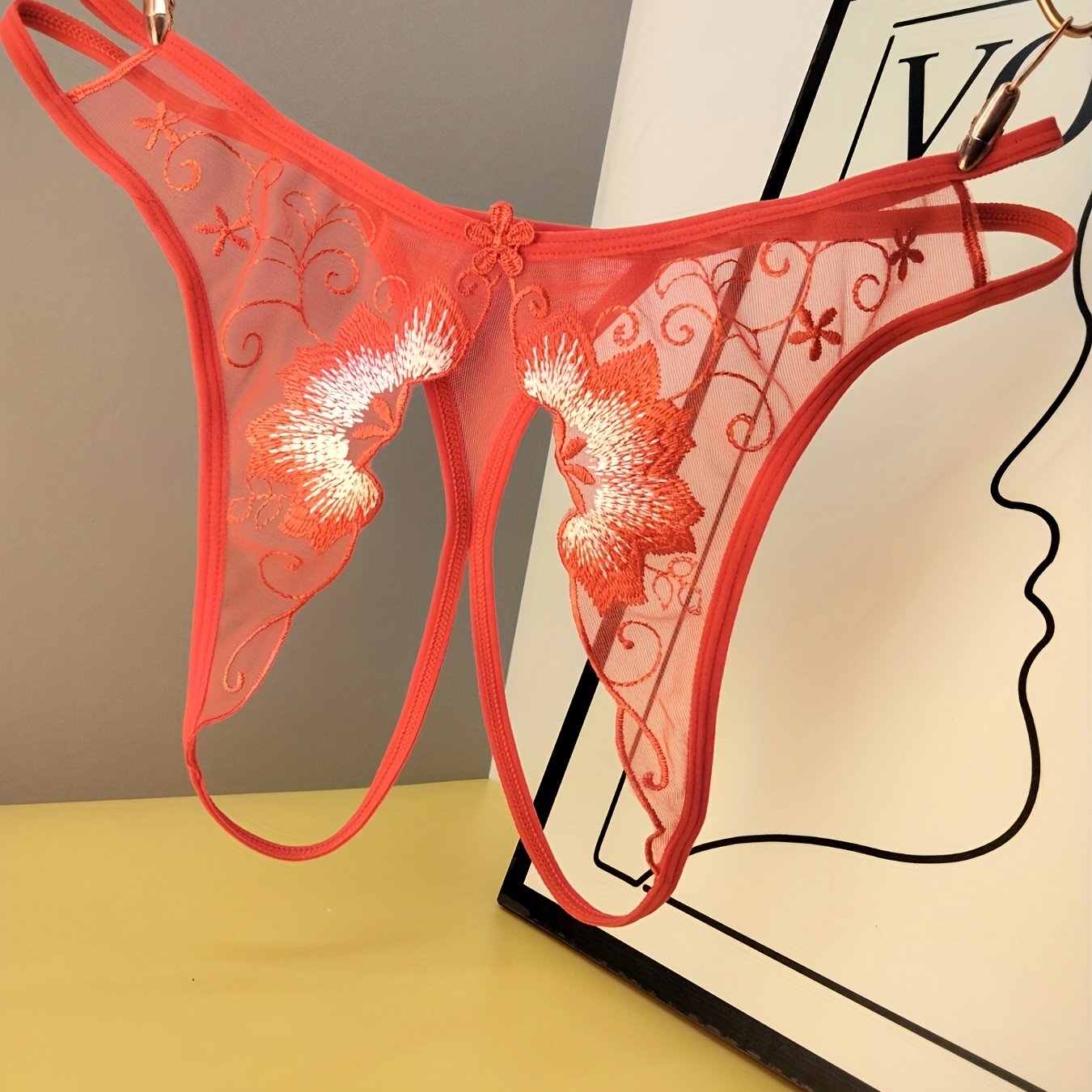 Women's Floral Lace Mesh Thong with Open Crotch and Sheer Design Lingerie