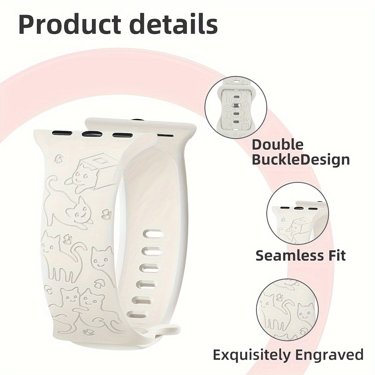 Engraved Silicone Watch Band with Kitten Pattern for iWatch Compatible with Multiple Sizes