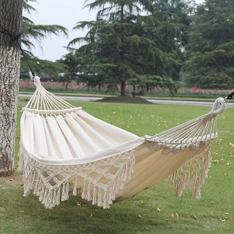 Bohemian Style Cotton Blend Hammock with Fringe Thick Ropes 204kg Capacity for Outdoor Garden Patio