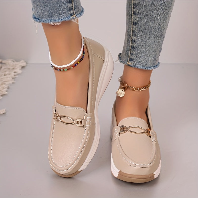 Women's Loafers with Metal Buckle Slip-On Flats Non-Slip Casual Shoes