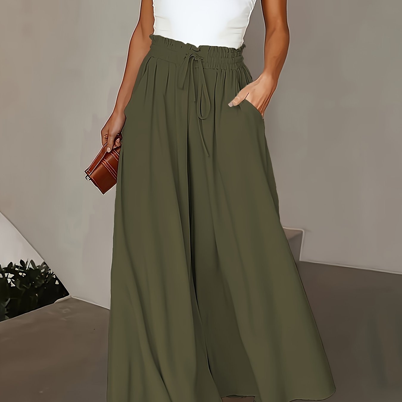 Plus Size Olive Green Wide Leg Pants High-Rise Drawstring Waist All-Season Comfortable