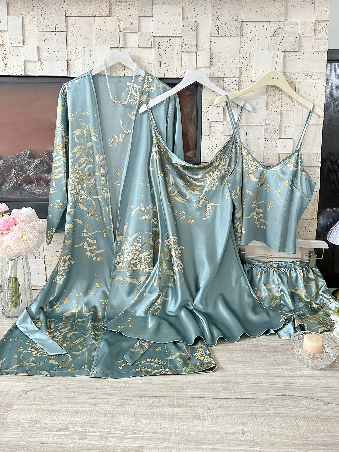 Plus Size Satin Robe Set Women Cherry Blossom Print Long Sleeve Cami Nightgown Shorts