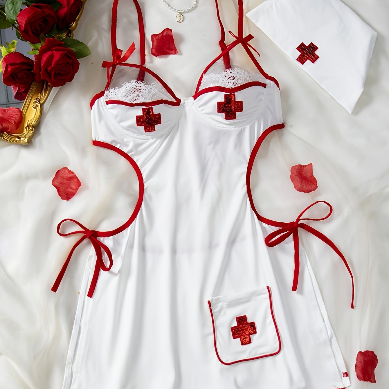 Women's Nurse Cosplay Costume with Bow Spaghetti Strap Design