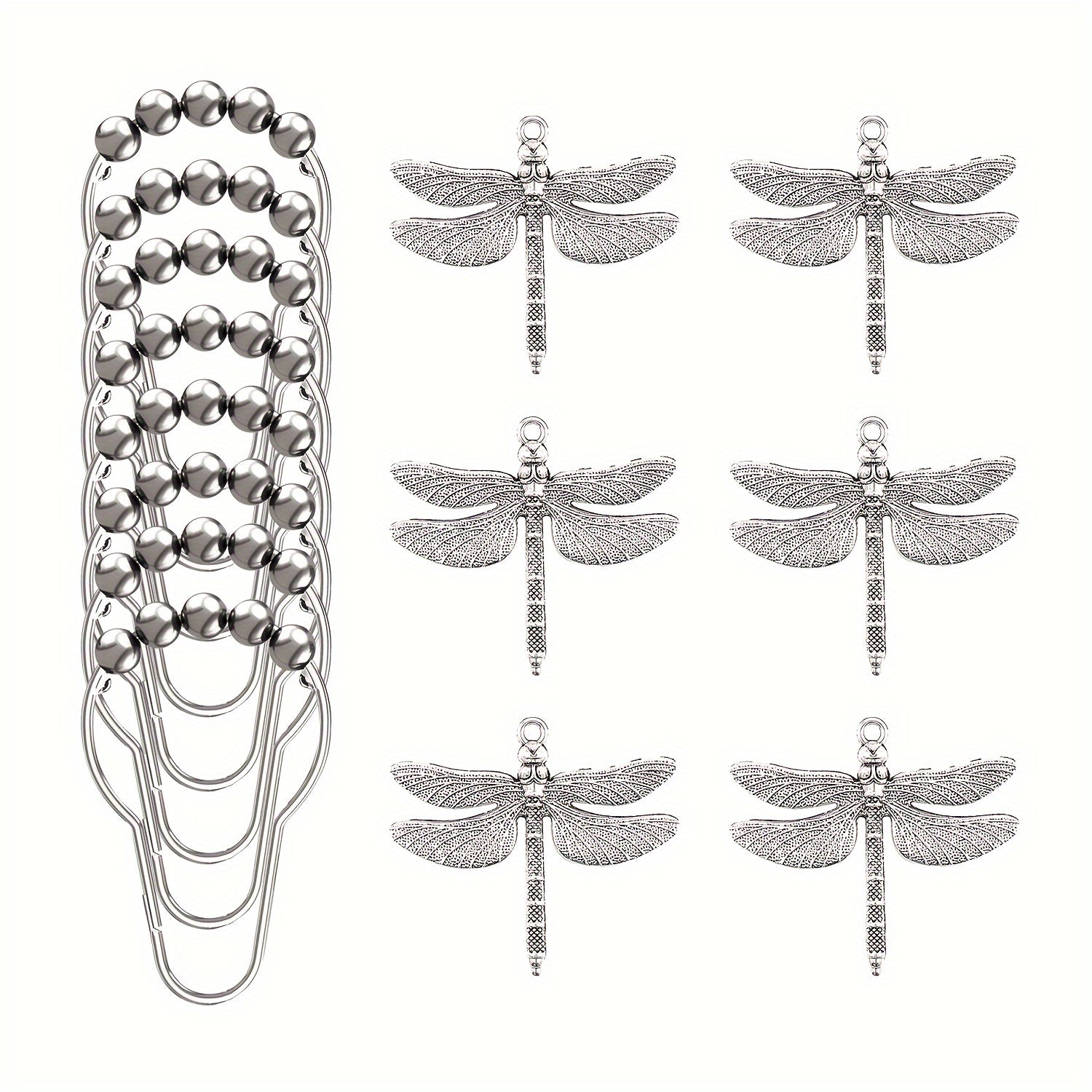 Set of 12 Dragonfly Shower Curtain Hooks Rustproof Metal Pearl Accents Waterproof Durable