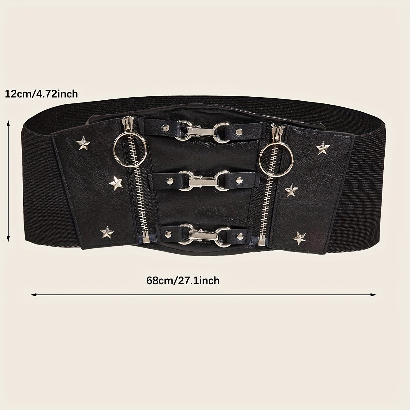 Ретро стильное широкое корсетное изделие из черной кожзаменителя с заклепками, молнией и металлической пряжкой