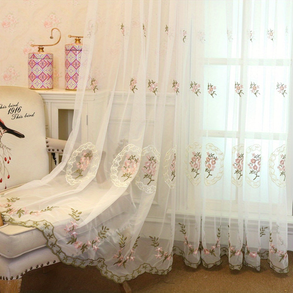 Pink Lace Sheer Curtains with Embroidered Floral Details for Living Room