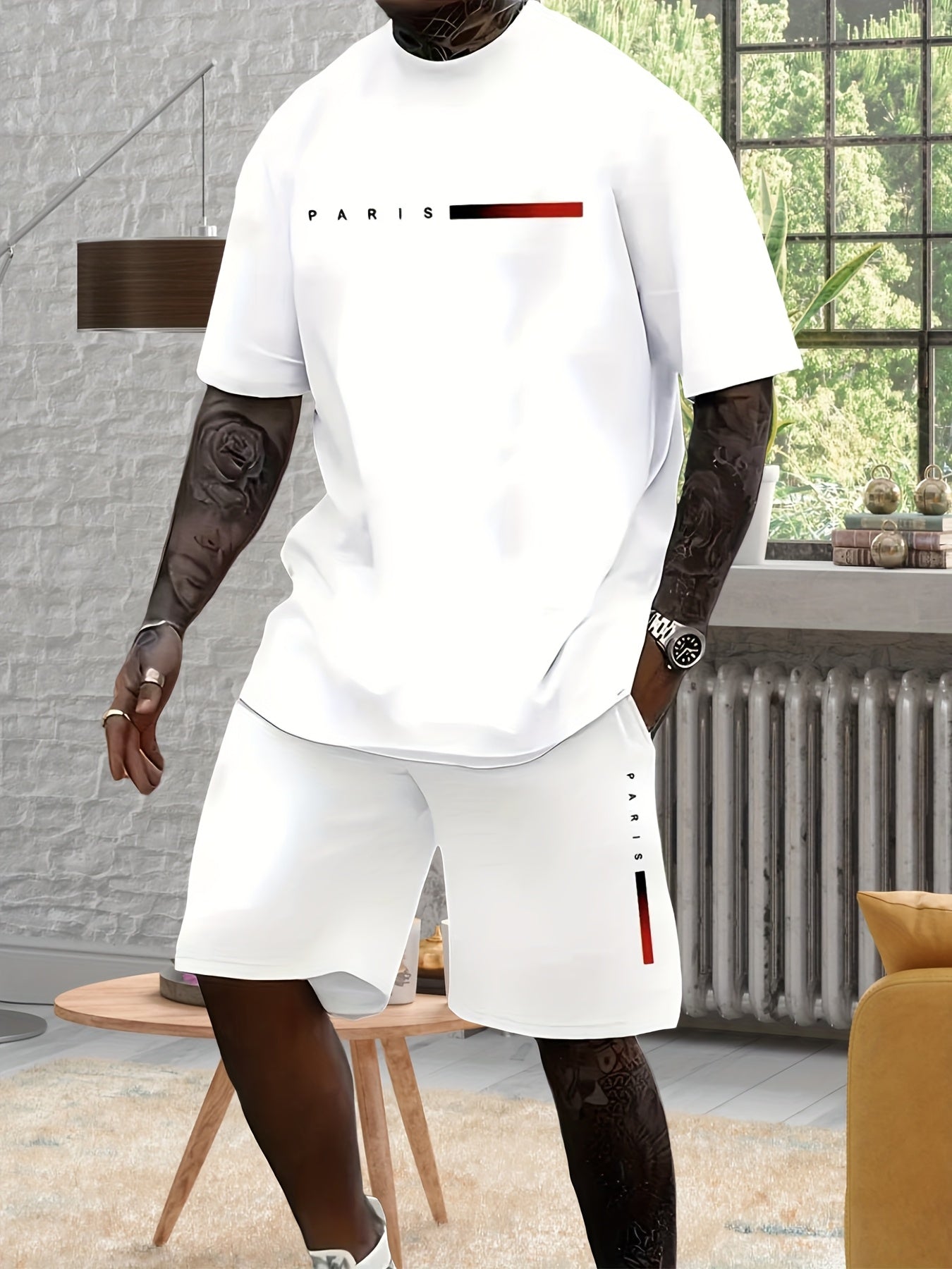 Conjunto de pijama de manga corta para hombre con patrón geométrico, poliéster y spandex para todas las estaciones